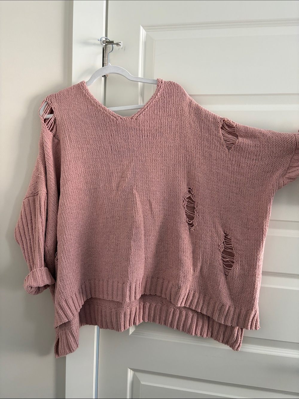 Oversized Distressed V-Neck Hoodie Sweater - Dusty Rose